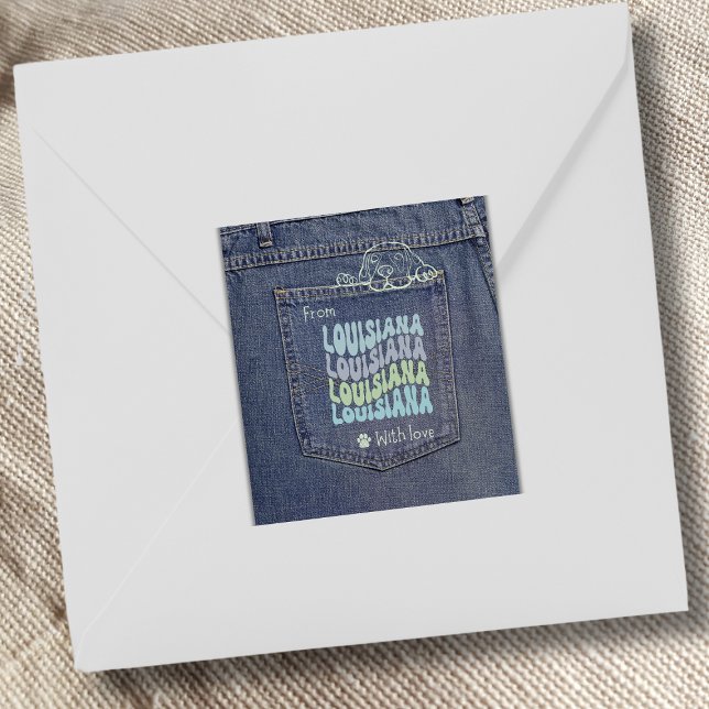 Perro Louisiana en el Pegatina de Jean Pocket Squa (Cute denim pocket sticker with a doggy peeking out. Use it on gifts, packages and envelopes!)