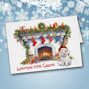Perro maltés espera chimenea de Navidades de Santa