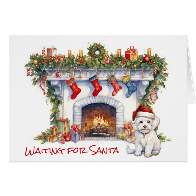 Perro maltés espera chimenea de Navidades de Santa (Anverso (Horizontal))