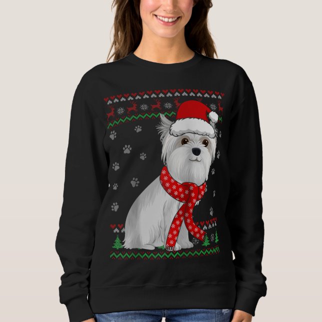 Perro maltés lindo Navidades feos suéter Santa Hat (Anverso)