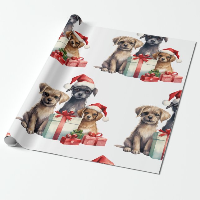 Perro navidad con regalos envolviendo papel (Desenrollado)