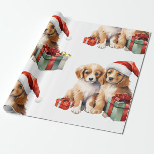 Perro navidad con regalos envolviendo papel