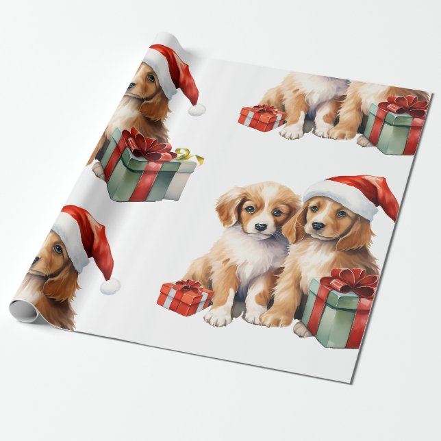 Perro navidad con regalos envolviendo papel (Desenrollado)