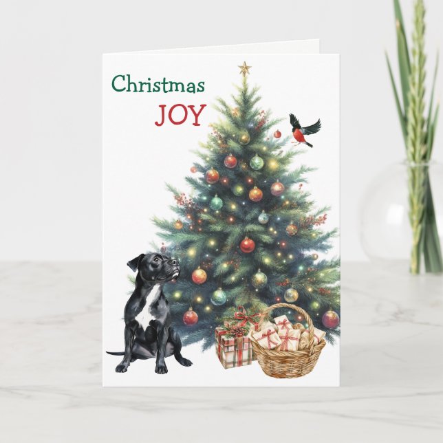 Perro negro de Pitbull, Bullfinch y tarjeta de árb (Anverso)