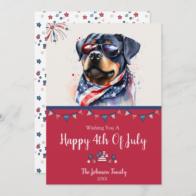 Perro patriótico Rottweiler tarjeta del 4 de julio (Anverso / Reverso)