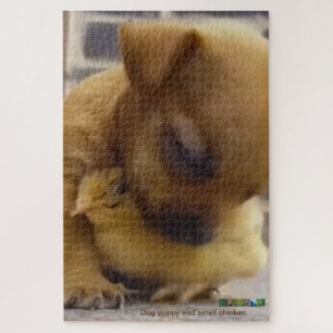 Perro perrito y puzzle de pollo pequeño.