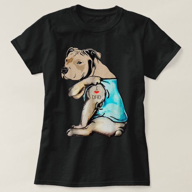 Perro Pitbull Amo A Papá Tattoo Graciosa Camiseta  (Diseño del anverso)
