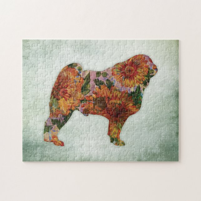 Perro Pug Jigsaw Flor De Rompecabezas Sobre Verde (Horizontal)