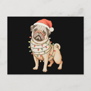 Perro Pug Navidad Gorro de Santa Luces de Navidad