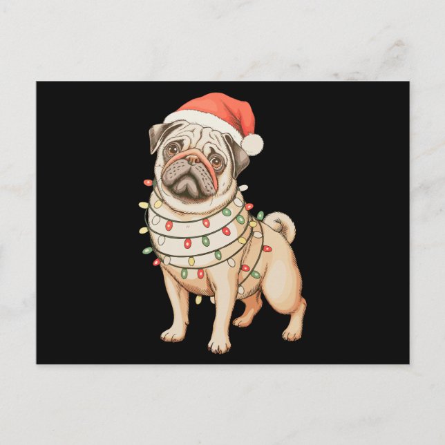 Perro Pug Navidad Gorro de Santa Luces de Navidad  (Anverso)
