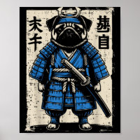 Perro Pug Samurái Arte Divertido Guerrero Japonés