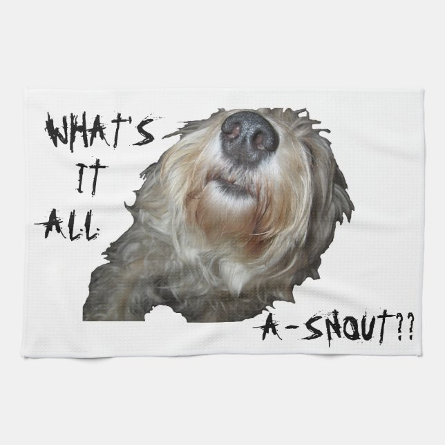 Perro "¿QUÉ ES TODO A-SNOUT?" paño de cocina (Horizontal)
