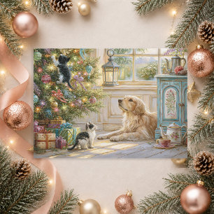 Perro Retriever Dorado Gatitos Árbol de Navidad
