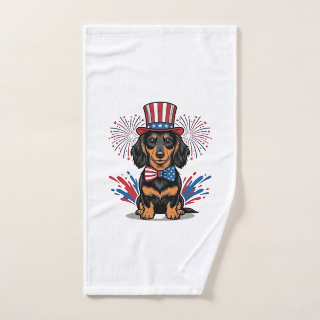 Perro salchicha patriótico fuegos artificiales art (Toalla de mano)