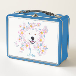 Perro Samoyed y flores rosadas, nombre personaliza