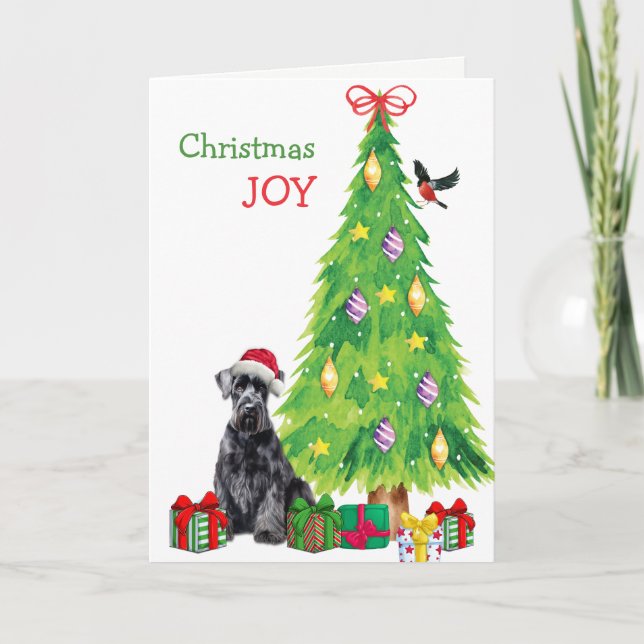 Perro Schnauzer gigante, ave y árbol de Navidad (Anverso)