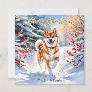 Perro Shiba Inu en la nieve Feliz Navidad