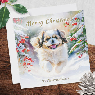 Perro Shih Tzu en nieve de invierno Feliz Navidad