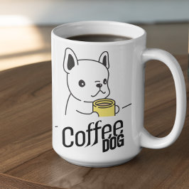 Perro sujetando una taza de café dice Coffee Dog