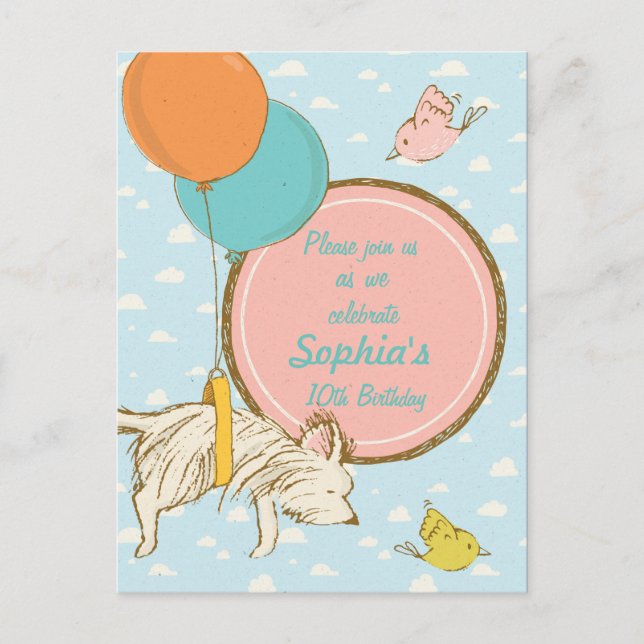 Perro volador y pájaros - Invitación al cumpleaños (Anverso)