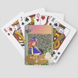 Perro y dama en café al atardecer jugando cartas