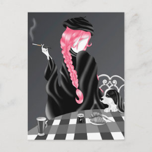 Perro y dama en el café Postal de Cabello Rosa