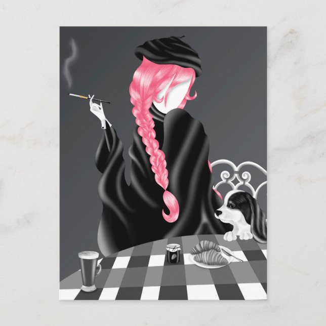 Perro y dama en el café Postal de Cabello Rosa (Anverso)
