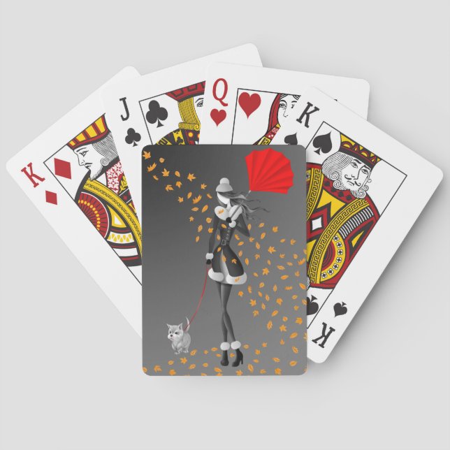 Perro y Dama Hojas de Otoño Cartas de Juego (Reverso)