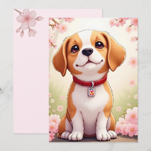 Perro y flores Adorables Tarjeta de vacaciones pla (Anverso / Reverso)