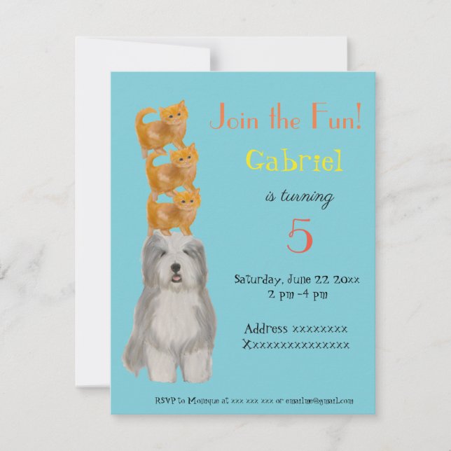 Perro y gatitos, invitación para fiesta de cumplea (Anverso)