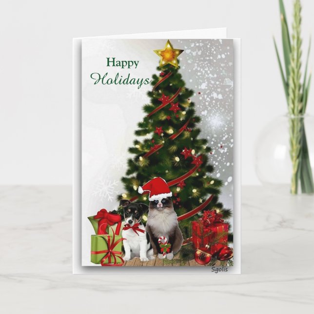 Perro y gato con tarjeta de felicitación de árbol  (Anverso)