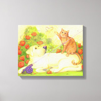 Perro y gato de pesca / lienzo envuelto 14" x 11"