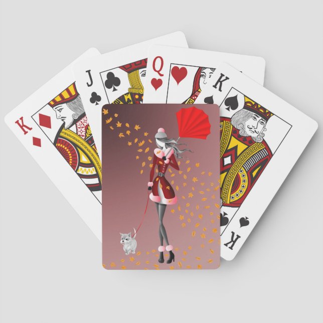 Perro y Señora Cartas de Juego Hojas de Otoño (Reverso)