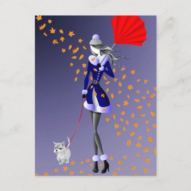 Perro y Señora Hojas de Otoño Azules Tarjeta Posta (Anverso)