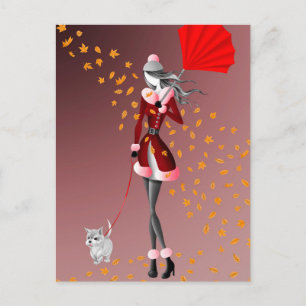 Perro y Señora Hojas de Otoño Rojas Tarjeta Postal