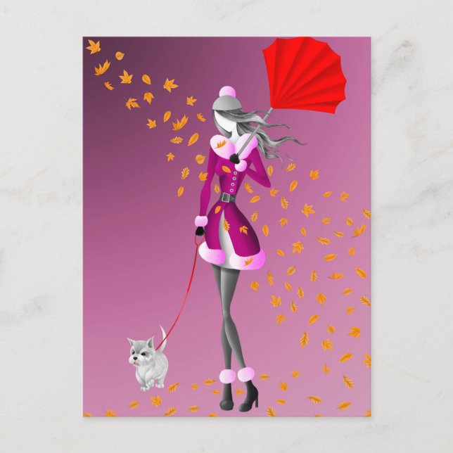 Perro y Señora Hojas de Otoño Tarjeta Postal Rosa (Anverso)