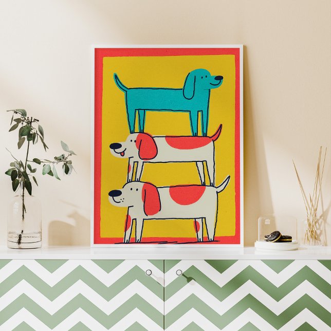 Perros apilados Mascotas de pared Poster de arte I (Illustration of three stacked dogs in bright colors, made with AI and some real textures.)