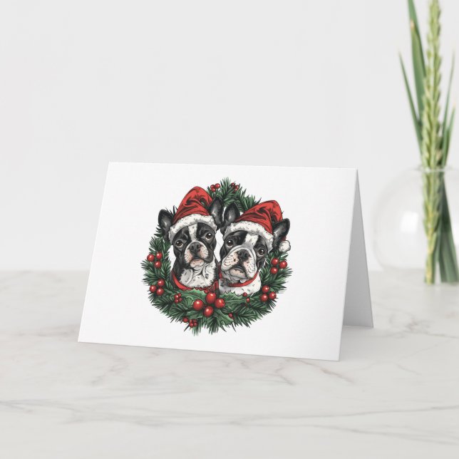 Perros Boston Terrier Navidad Corona de Fiesta (Anverso)