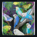 Perros budistas coloridos en Ferns Bandana<br><div class="desc">Diseño original de arte fino de budas de colores o loros budistas en helechos por la artista Carolyn McFann de Two Purring Cats Studio impreso en una bandana de calidad para los amantes del loro.</div>