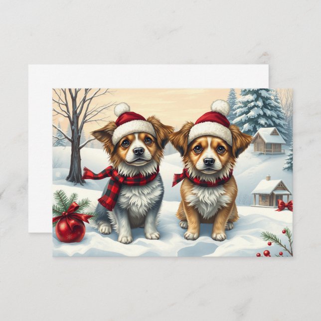 Perros pequeños con atuendo de invierno y tarjeta  (Anverso / Reverso)