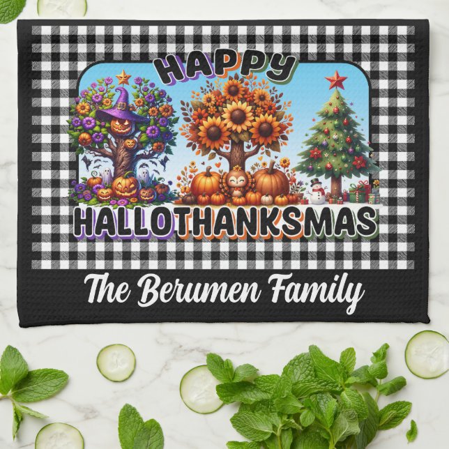 Personalizable Happy Hallothanksmas Kitchen Toalla (Doblado)