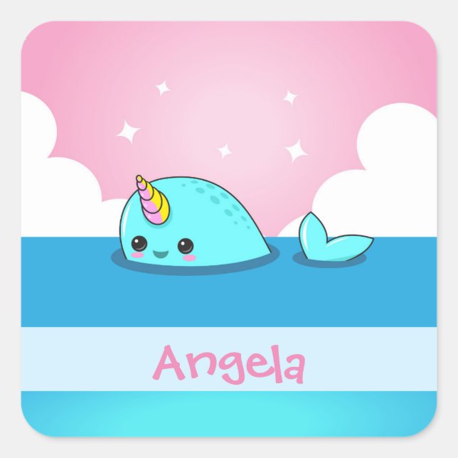 Personalizable Kawaii Narwhal Nombre Pegatina de e (Anverso)