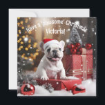 Personalizable Winter Whiskers Wonderland<br><div class="desc">Presentando la "Tarjeta de felicitación Wonderland de los Whiskers de Invierno"! Disfrute de una deliciosa tarjeta plana que resume la alegría pura de la temporada navideña. La parte delantera tiene una imagen adorable de un alegre cachorro de Bulldog francés blanco, sentado frente a un árbol de Navidad bellamente decorado y...</div>