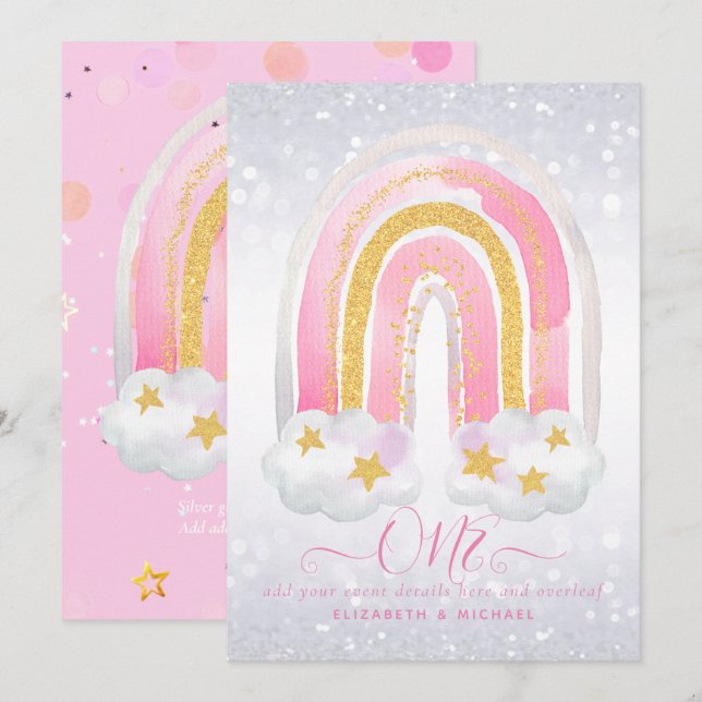 PERSONALIZADO 1BIRTHDAY Girly PInk Purpurina de or (Anverso / Reverso)