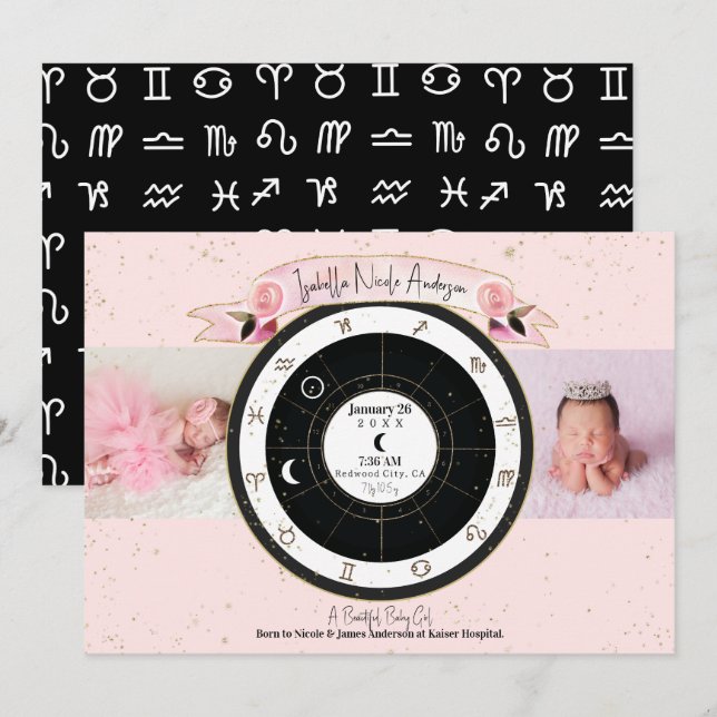 Personalizado Astrología Rosa Anuncio de nacimient (Anverso / Reverso)
