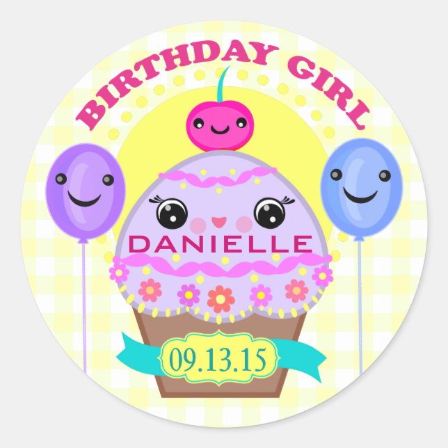 Personalizado Chica de cumpleaños Kawaii Pegatinas (Anverso)