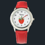 Personalizado chica reloj con linda imagen de fres<br><div class="desc">reloj de personalizado con diseño de imagen de fresa roja. Relojes de muñeca personalizados para niños. Idea de regalo de cumpleaños única para chicas. Crea una para una hija especial, nieta, prima más linda, amiga, hija, nieta, hermanita pequeña o grande, mamá, vegetariana, etc. Diseño de fruta divertida con números y...</div>