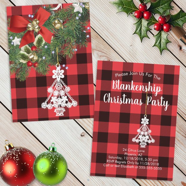 Personalizado de Buffalo Plaid foto Navidad en árb (invitation template front and back)