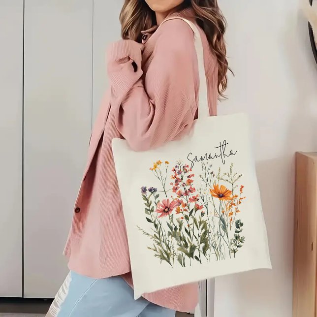 Personalizado de flores silvestres en la bolsa de  ( personalized tote bag, mothers day gift, birthday gift, graduation gift, gift for mom, Gift for her)