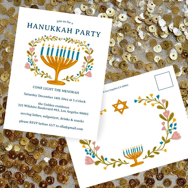 PERSONALIZADO de la corona floral de la invitación (HANUKKAH PARTY Invitation floral wreath CUSTOM Postcard
)